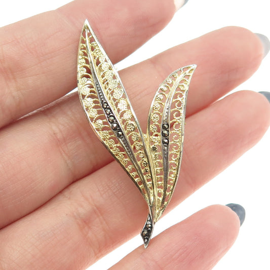 835 Silver 2-Tone Vintage Real Marcasite Gemstone Filigree Leaf Pin Brooch