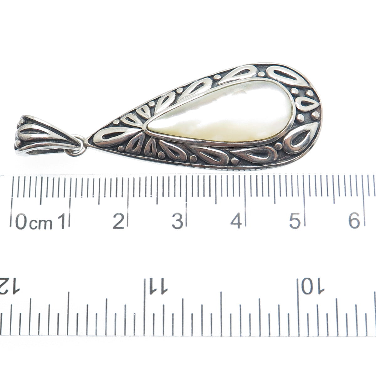 925 Sterling Silver Vintage Real MOP Ornate Teardrop Oxidized Pendant