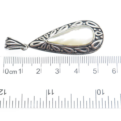 925 Sterling Silver Vintage Real MOP Ornate Teardrop Oxidized Pendant