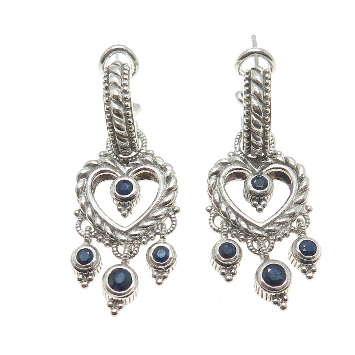 JUDITH RIPKA 925 Sterling Silver Real Sapphire Heart Charm Omega Back Earrings