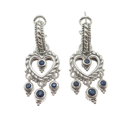 JUDITH RIPKA 925 Sterling Silver Real Sapphire Heart Charm Omega Back Earrings