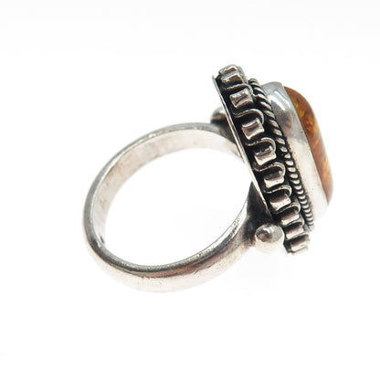 925 Sterling Silver Vintage Real Amber Modernist Oxidized Ring Size 9.5