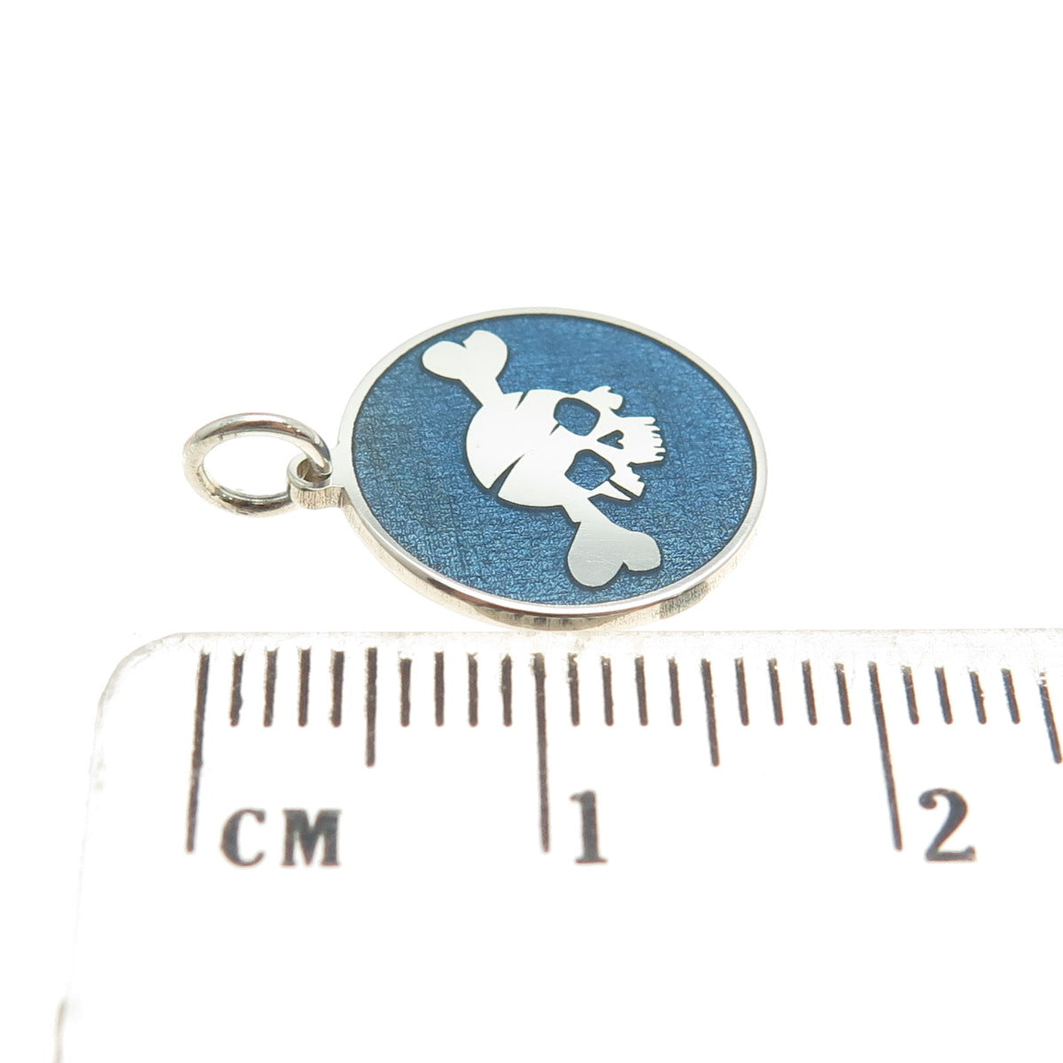 925 Sterling Silver Blue Enamel Skull & Bone Round Tag Minimalist Charm Pendant