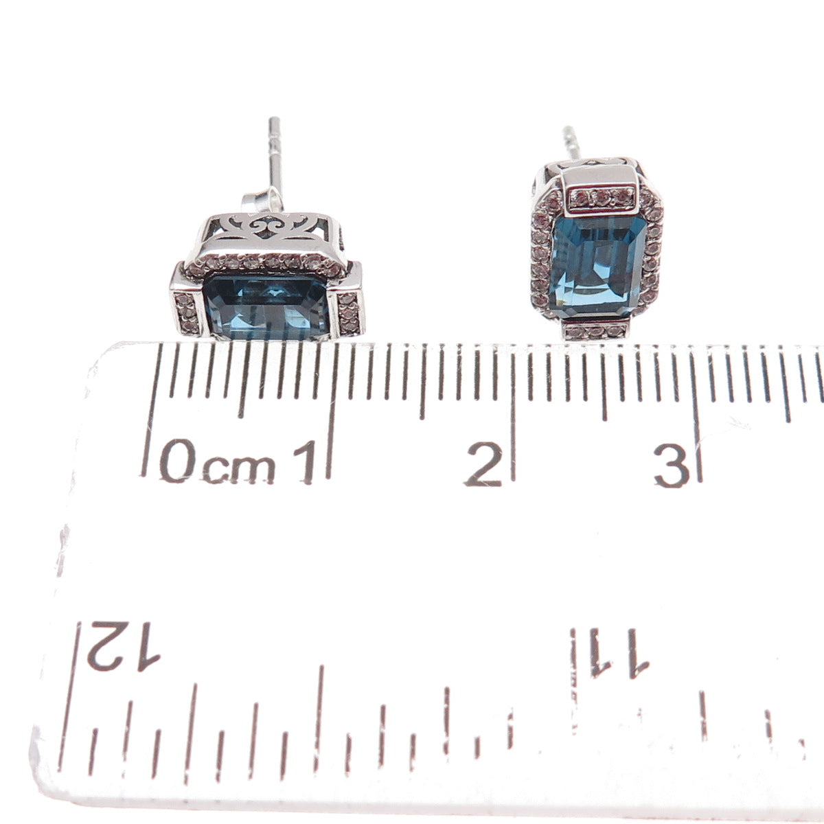 Han 925 Sterling Silver Emerald-Cut Blue & Round-Cut White C Z Stud Earrings