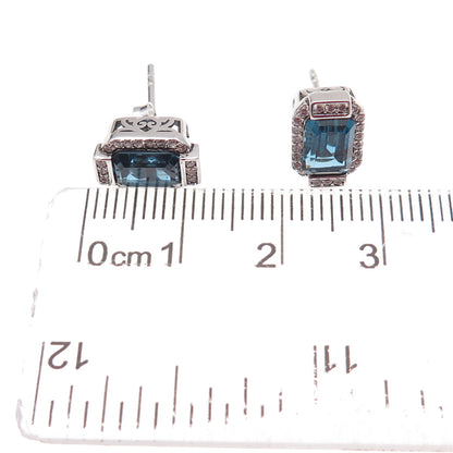 Han 925 Sterling Silver Emerald-Cut Blue & Round-Cut White C Z Stud Earrings