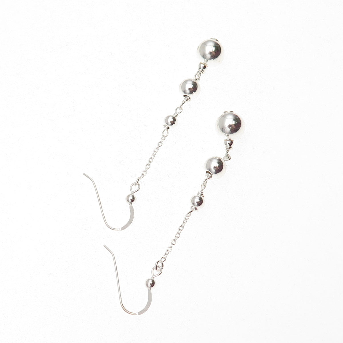 925 Sterling Silver Vintage Graduated Ball Beaded Chain Drop Dangle Earrings