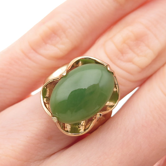 925 Sterling Silver Gold Plated Vintage Real Cabochon Jade Ring Size 4.5