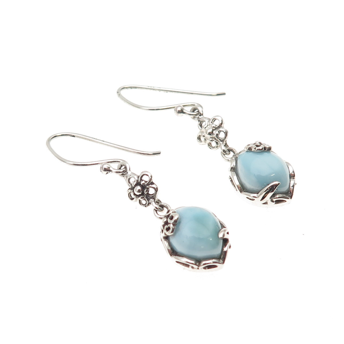 925 Sterling Silver Vintage Real Larimar Floral Dangle Earrings