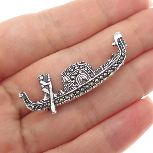 835 Silver Vintage Real Marcasite Venice Gondola Oxidized Pin Brooch