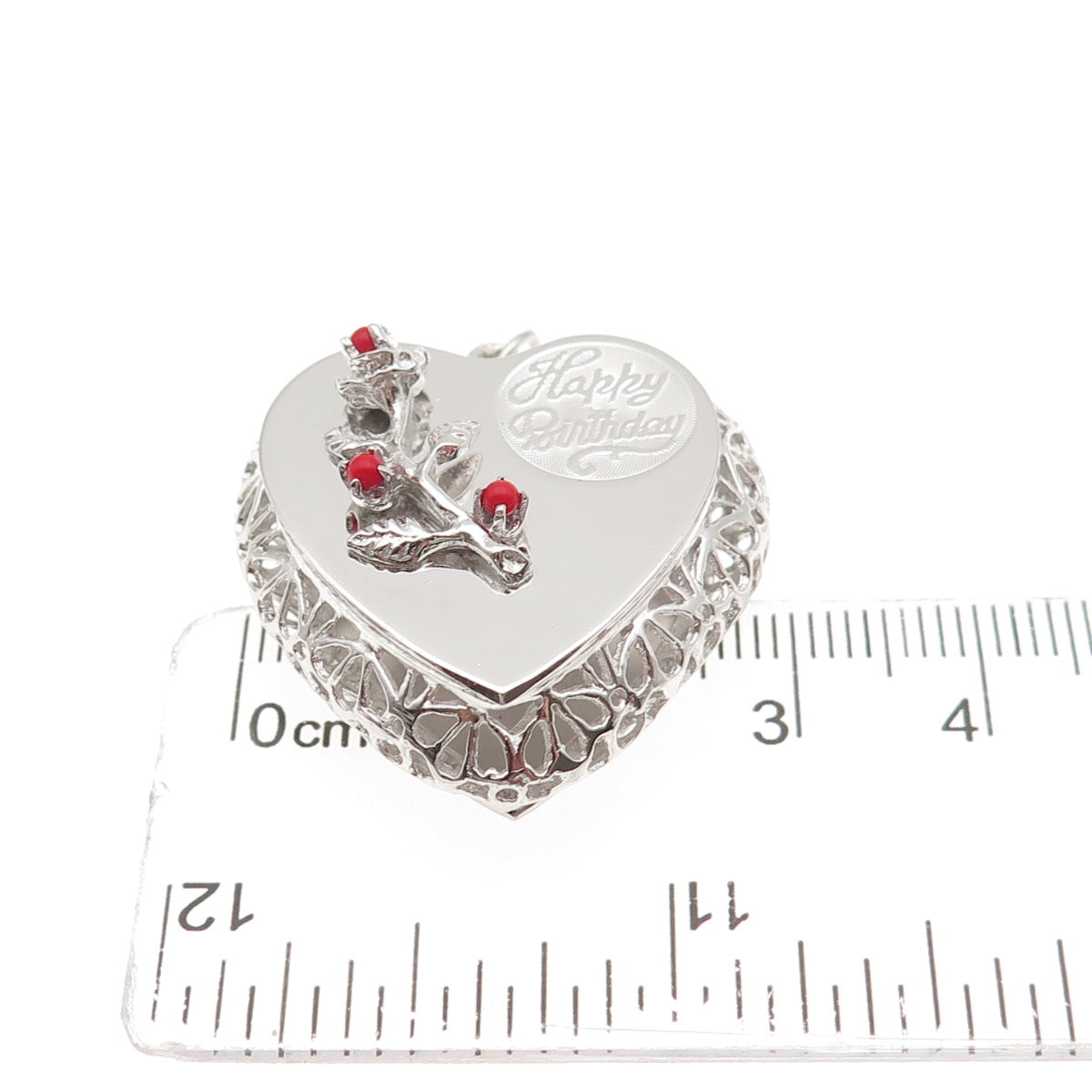 MARK MERCY 925 Sterling Silver Vintage Rhinestone Happy Birthday Heart Pendant