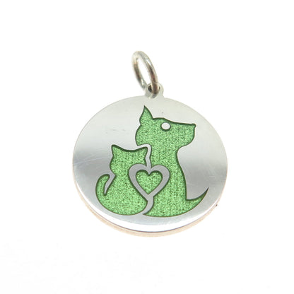 925 Sterling Silver Green Enamel Dog & Cat Friendship Minimalist Charm Pendant