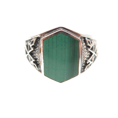 925 Sterling Silver Vintage Real Malachite Snowflake Oxidized Ring Size 10.25