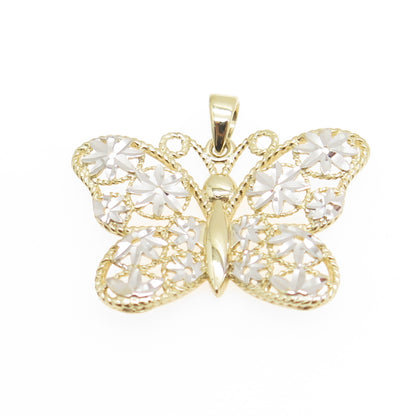 14K Yellow & White Gold Diamond-Cut Floral Butterfly Minimalist Charm Pendant