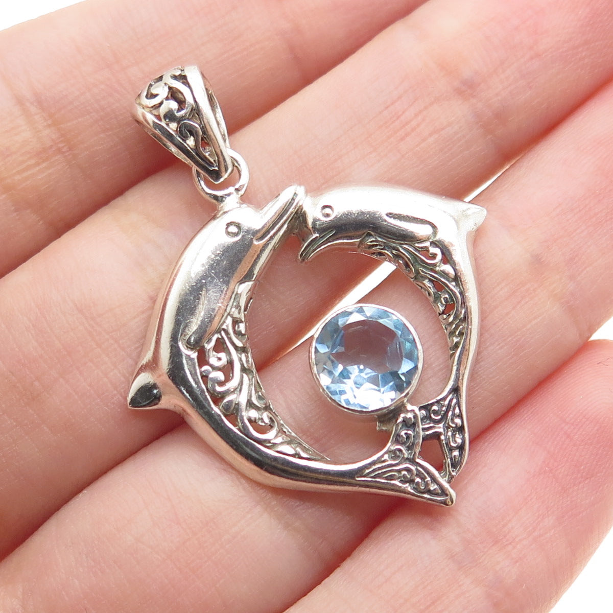 925 Sterling Silver Vintage Real Blue Topaz Mom & Child Dolphin Charm Pendant