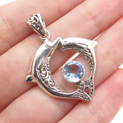 925 Sterling Silver Vintage Real Blue Topaz Mom & Child Dolphin Charm Pendant