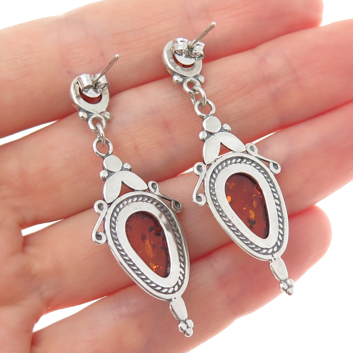 925 Sterling Silver Vintage Real Amber Modernist Floral Oxidized Dangle Earrings