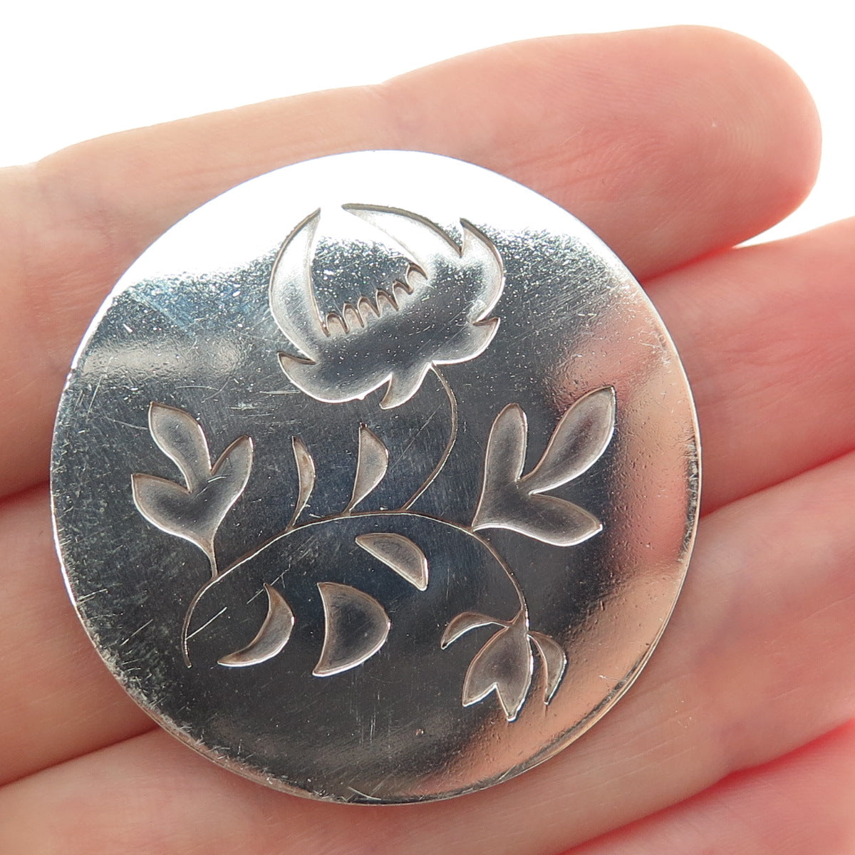 925 Sterling Silver Vintage Flower Blossom Round Pin Brooch