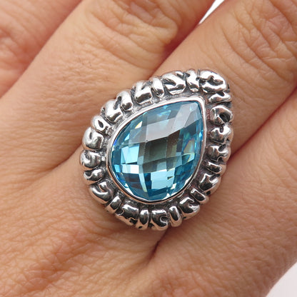 925 Sterling Silver Vintage Pear-Cut Blue C Z Teardrop Oxidized Ring Size 7