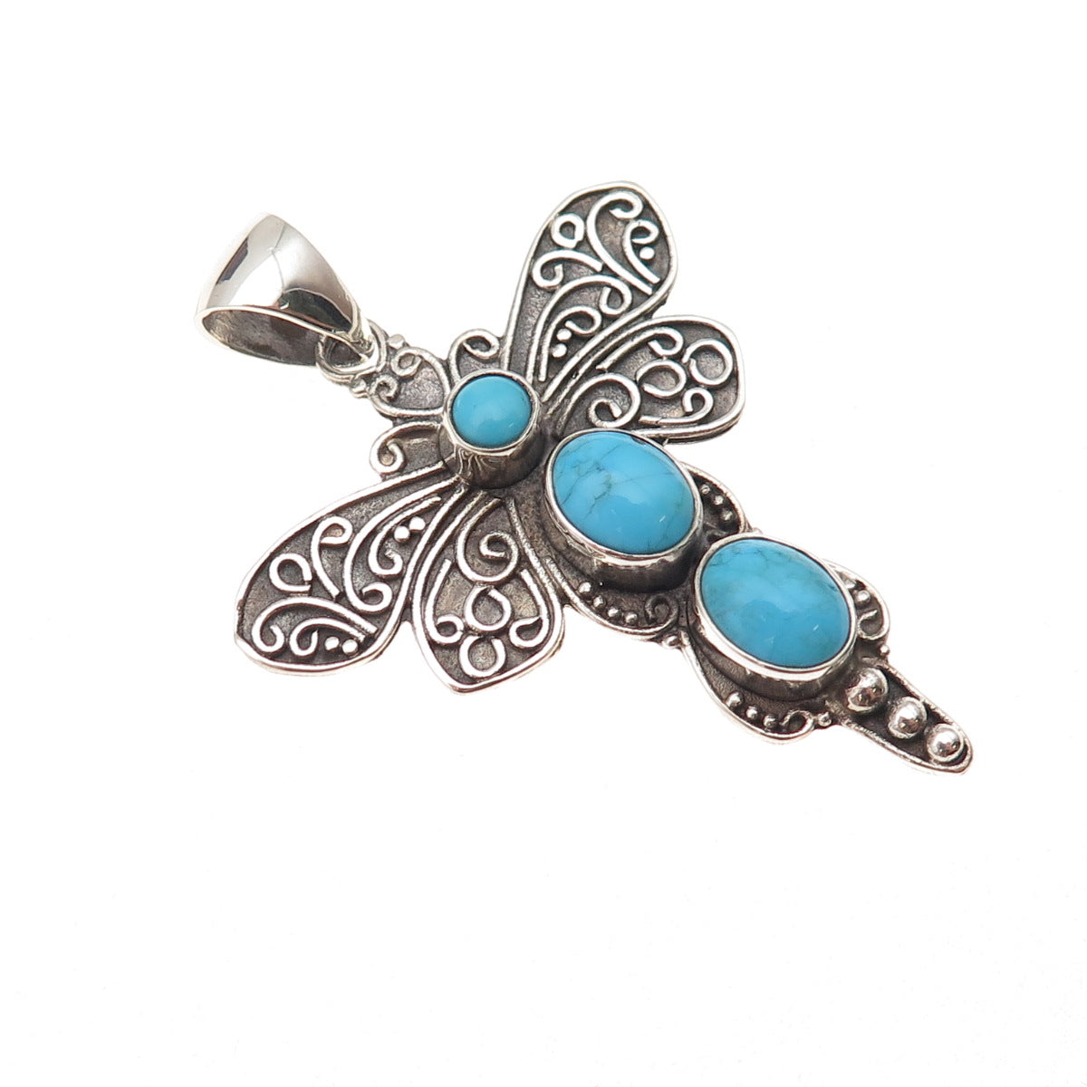 925 Sterling Silver Vintage Real Turquoise Dragonfly Oxidized Charm Pendant