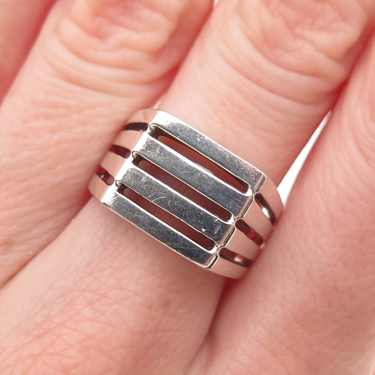 925 Sterling Silver Vintage 4-Row Signet Ring Size 6.75