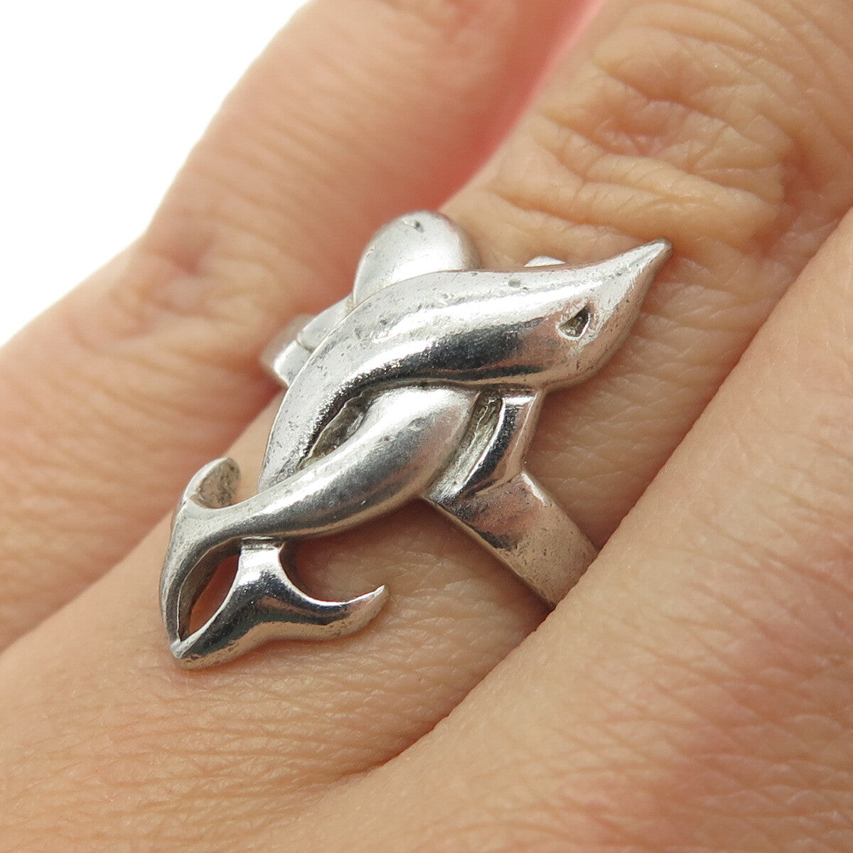 925 Sterling Silver Vintage Dolphin Couple Modernist Ring Size 7.25