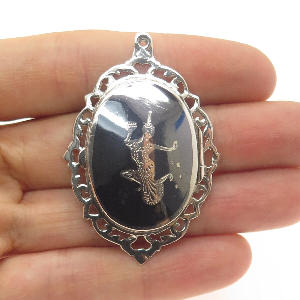 925 Sterling Silver Antique Art Deco Siam Niello Hindu Goddess Locket Pendant