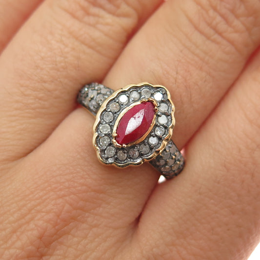 925 Sterling Silver Gold Plated Real Round-Cut Diamond & Ruby Ring Size 7.25