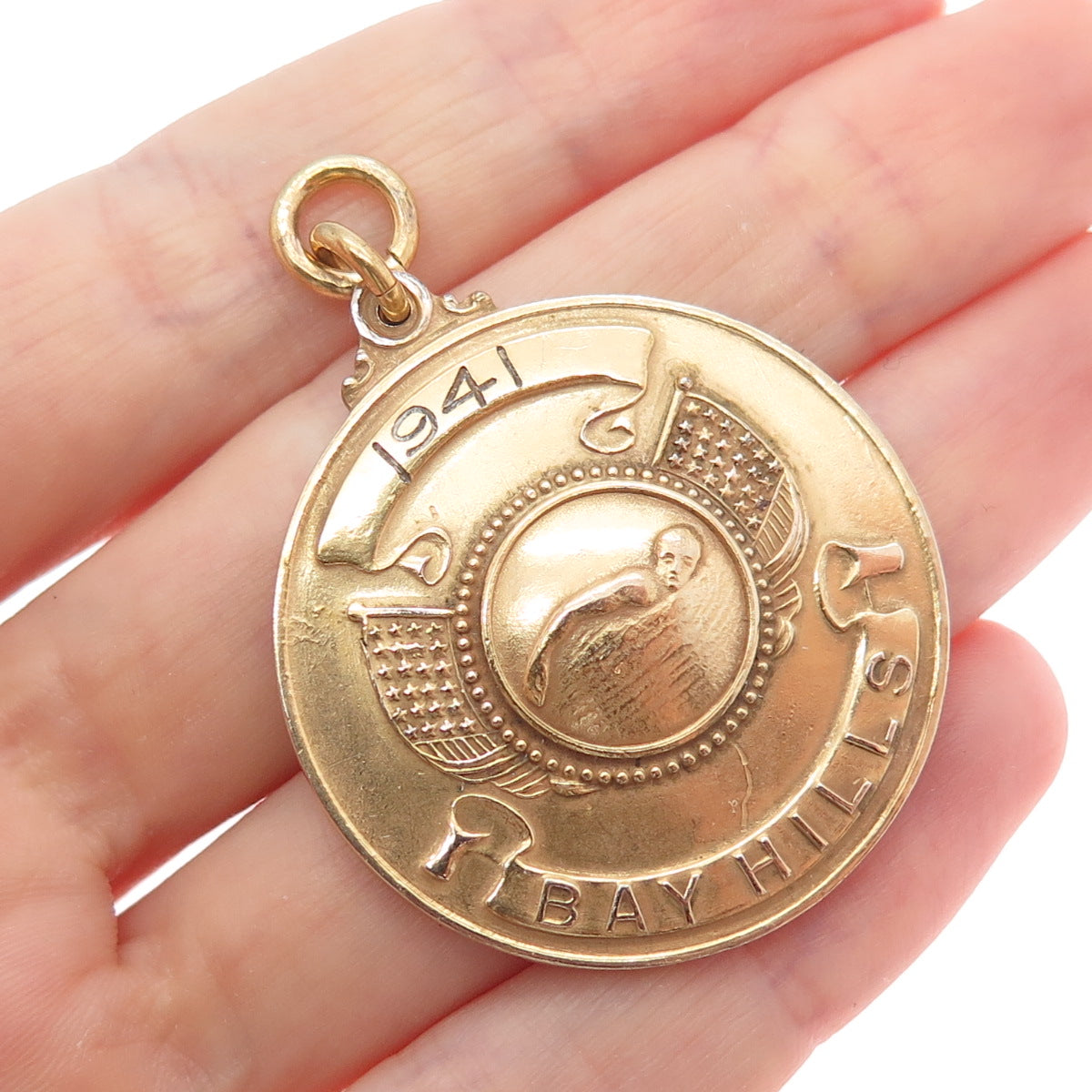 1/20 10K Gold Filled Antique WWII 1941 Bay Hills Swimming Medal Pendant