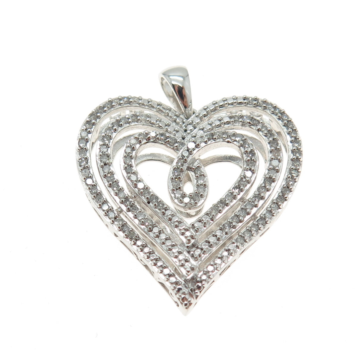 SUN 925 Sterling Silver Real Round-Cut Diamond Multi-Row Heart Pendant