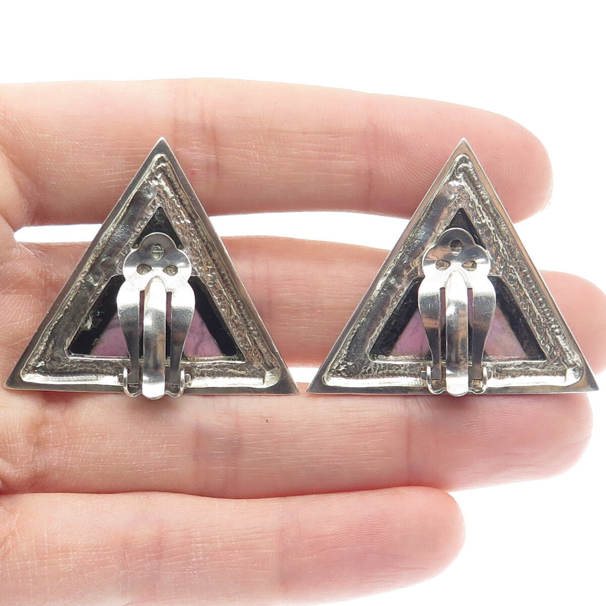 925 Sterling Silver Vintage Real Black Onyx Rhodonite Triangle Clip On Earrings
