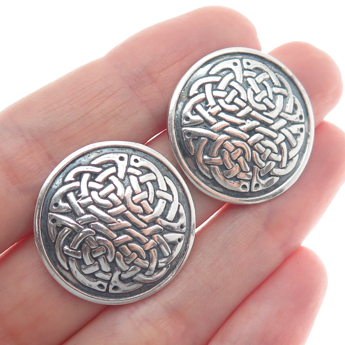 925 Sterling Silver Vintage Mexico Celtic Knot Disc Oxidized Earrings