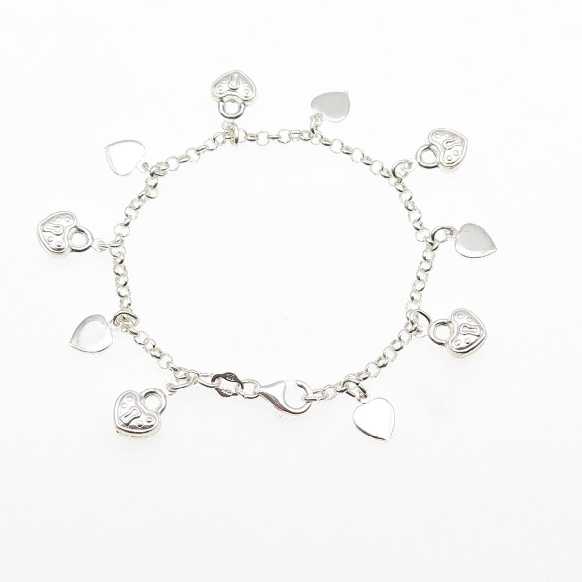925 Sterling Silver Vintage Italy Heart Lock Dangle Charm Bracelet 6.75"