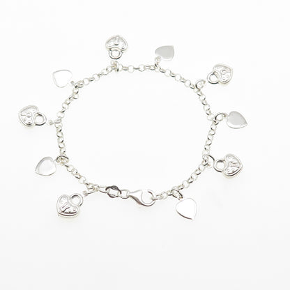 925 Sterling Silver Vintage Italy Heart Lock Dangle Charm Bracelet 6.75"