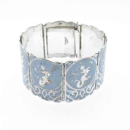925 Sterling Silver Antique Siam Niello Hindu Goddess Panel Link Bracelet 7.25"
