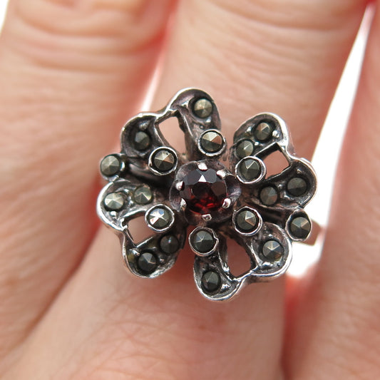 925 Sterling Silver Vintage Real Red Garnet & Marcasite Flower Ring Size 8.25