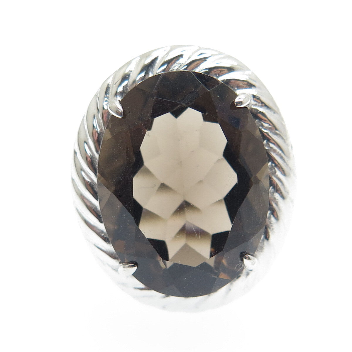 925 Sterling Silver Real Oval-Cut Smoky Quartz Twisted Ring Size 6.5