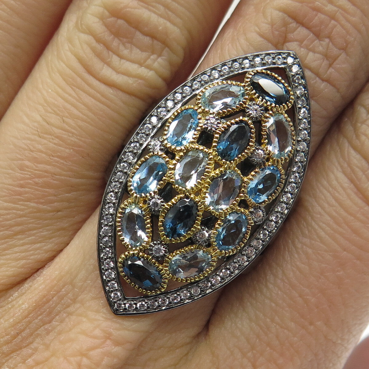 DSMK Sterling Silver Black Rhodium London Swiss Blue White Topaz Ring Size 6.25