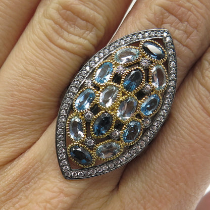 DSMK Sterling Silver Black Rhodium London Swiss Blue White Topaz Ring Size 6.25