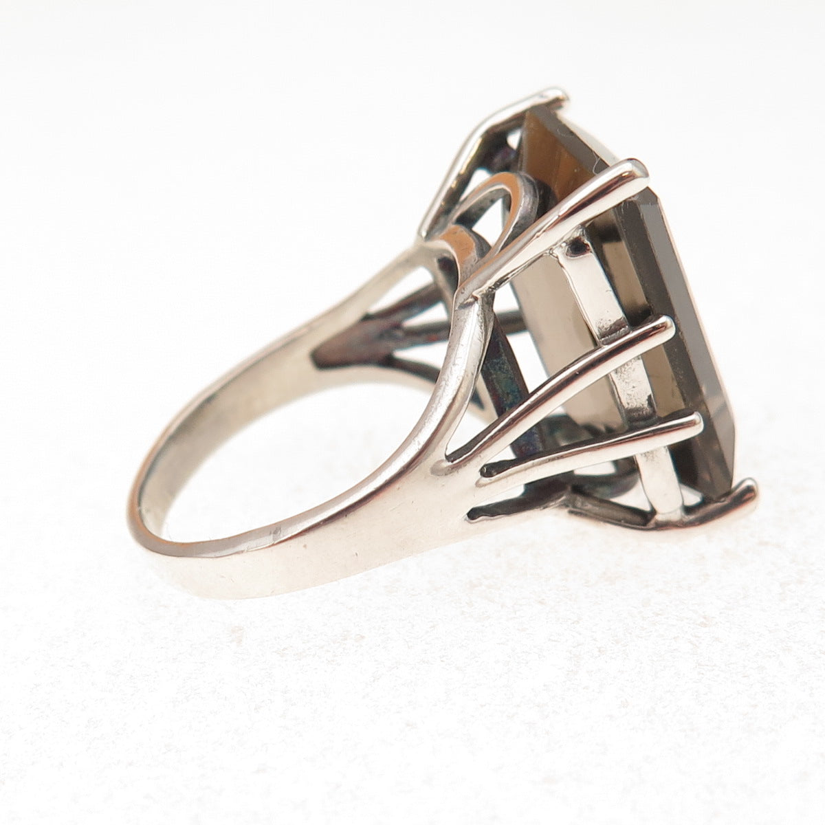 925 Sterling Silver Vintage Real Emerald-Cut Smoky Quartz Ring Size 8