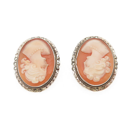 800 Silver Antique Art Deco Real MOP & Marcasite Lady Cameo Clip On Earrings