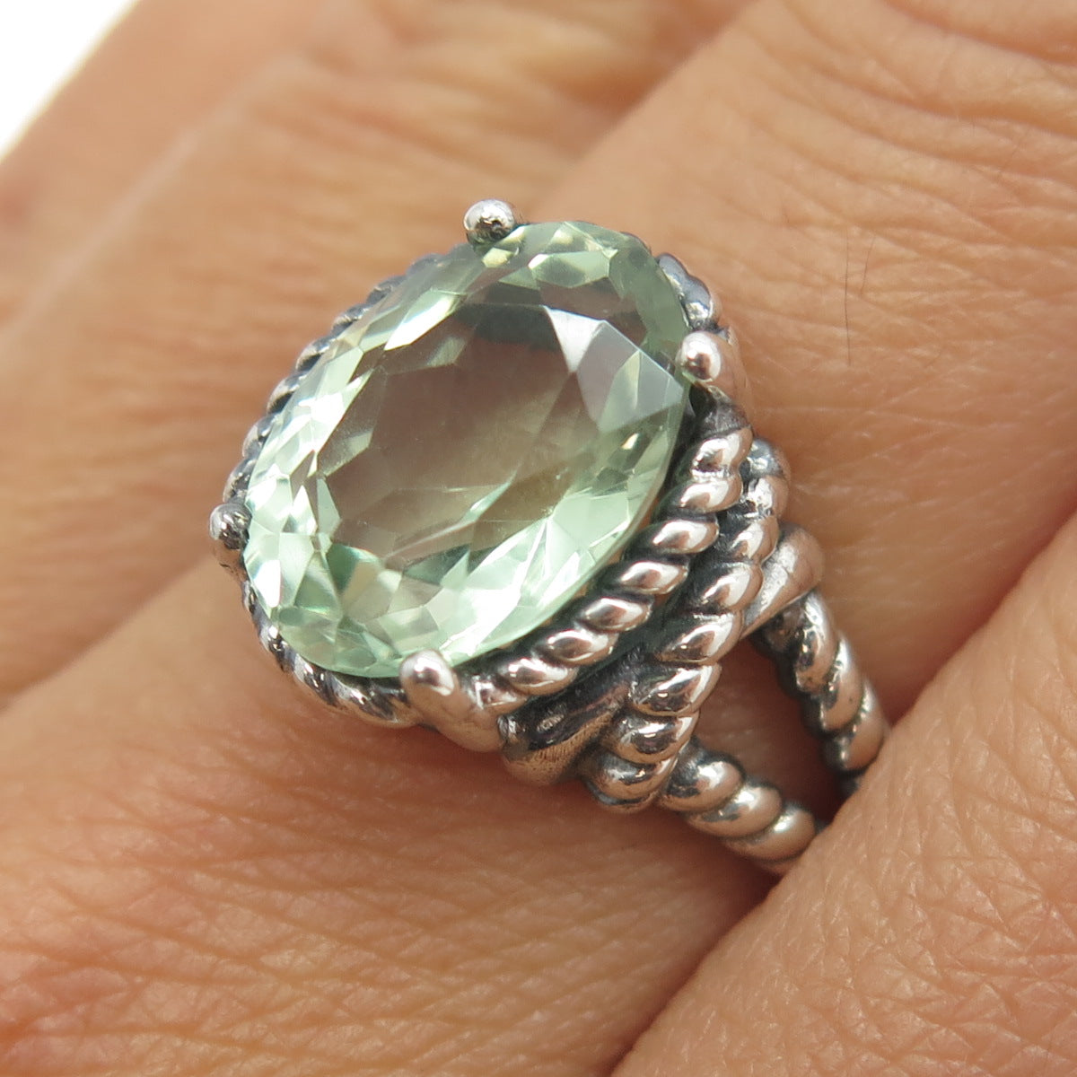 925 Sterling Silver Vintage Real Green Amethyst Roped Ring Size 7.75