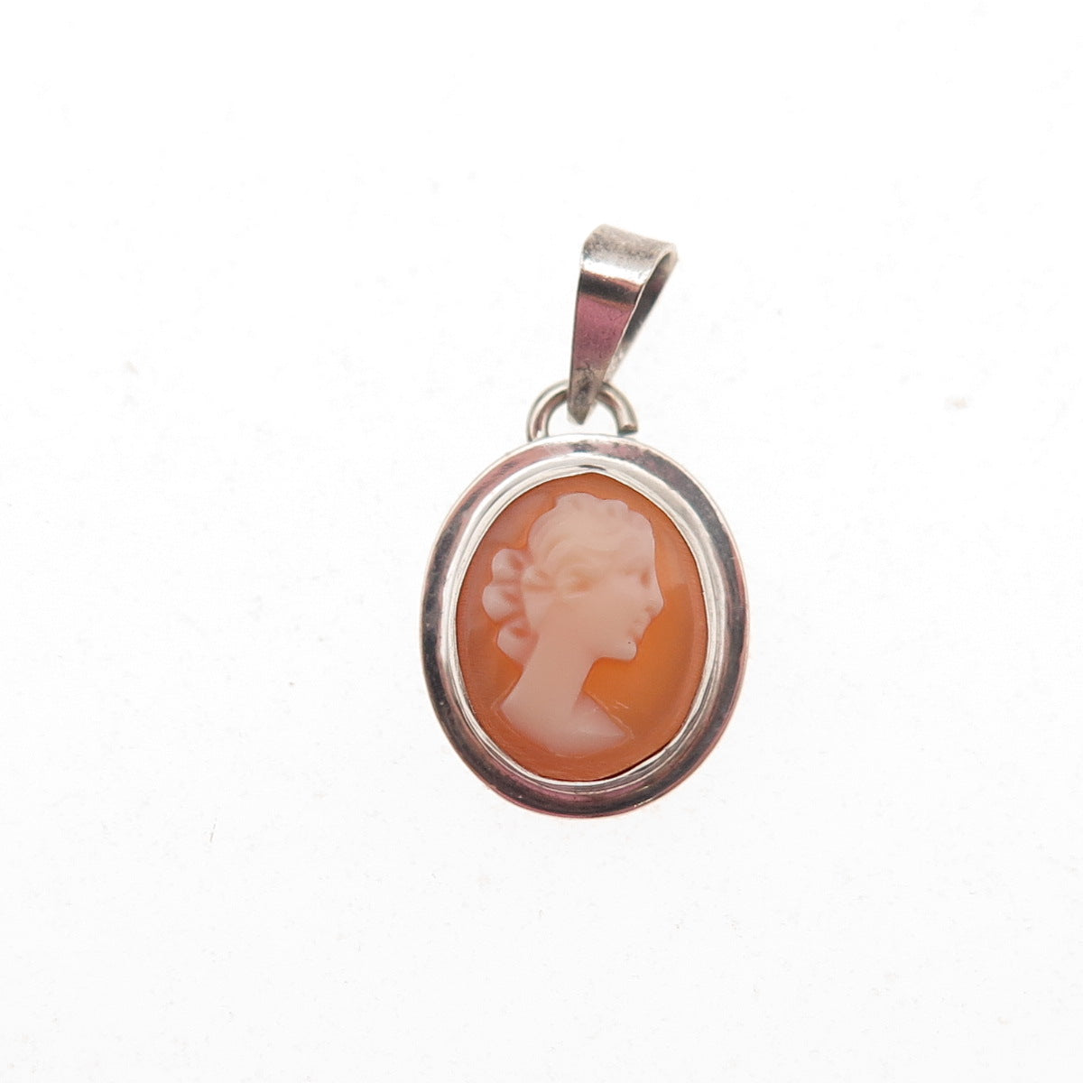 925 Sterling Silver Vintage Real MOP Carved Lady Cameo Oxidized Charm Pendant