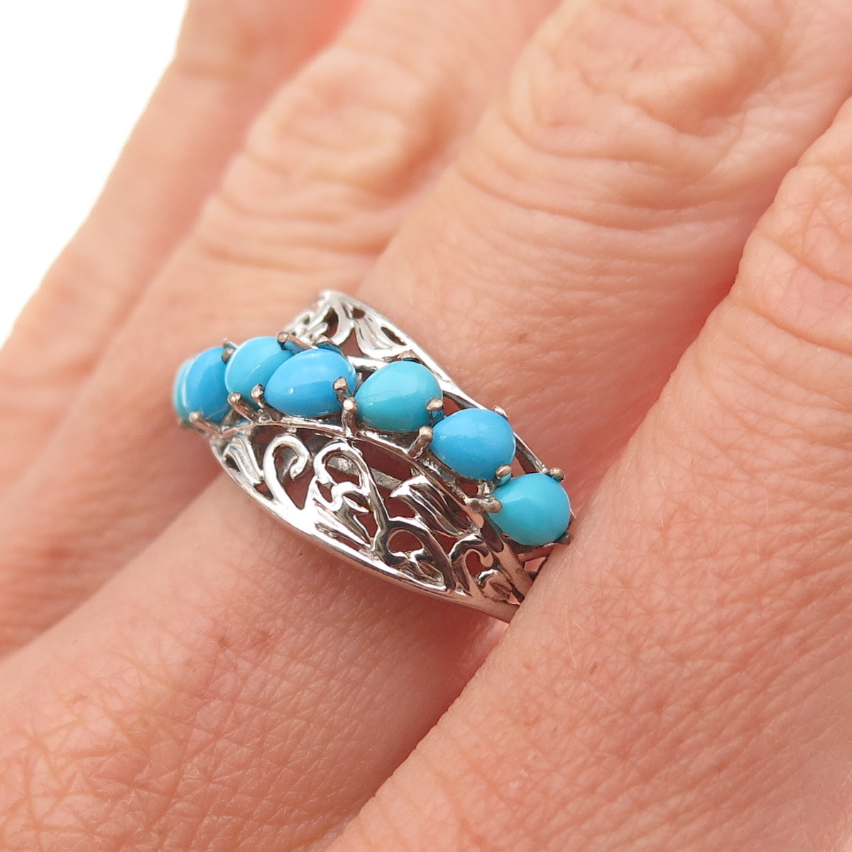 Chuck Clemency 925 Sterling Silver Real Turquoise Floral Scroll Ring Size 8.25