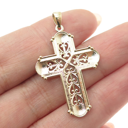 14K Yellow & White Gold Diamond-Cut Floral Heart Cross Religious Charm Pendant