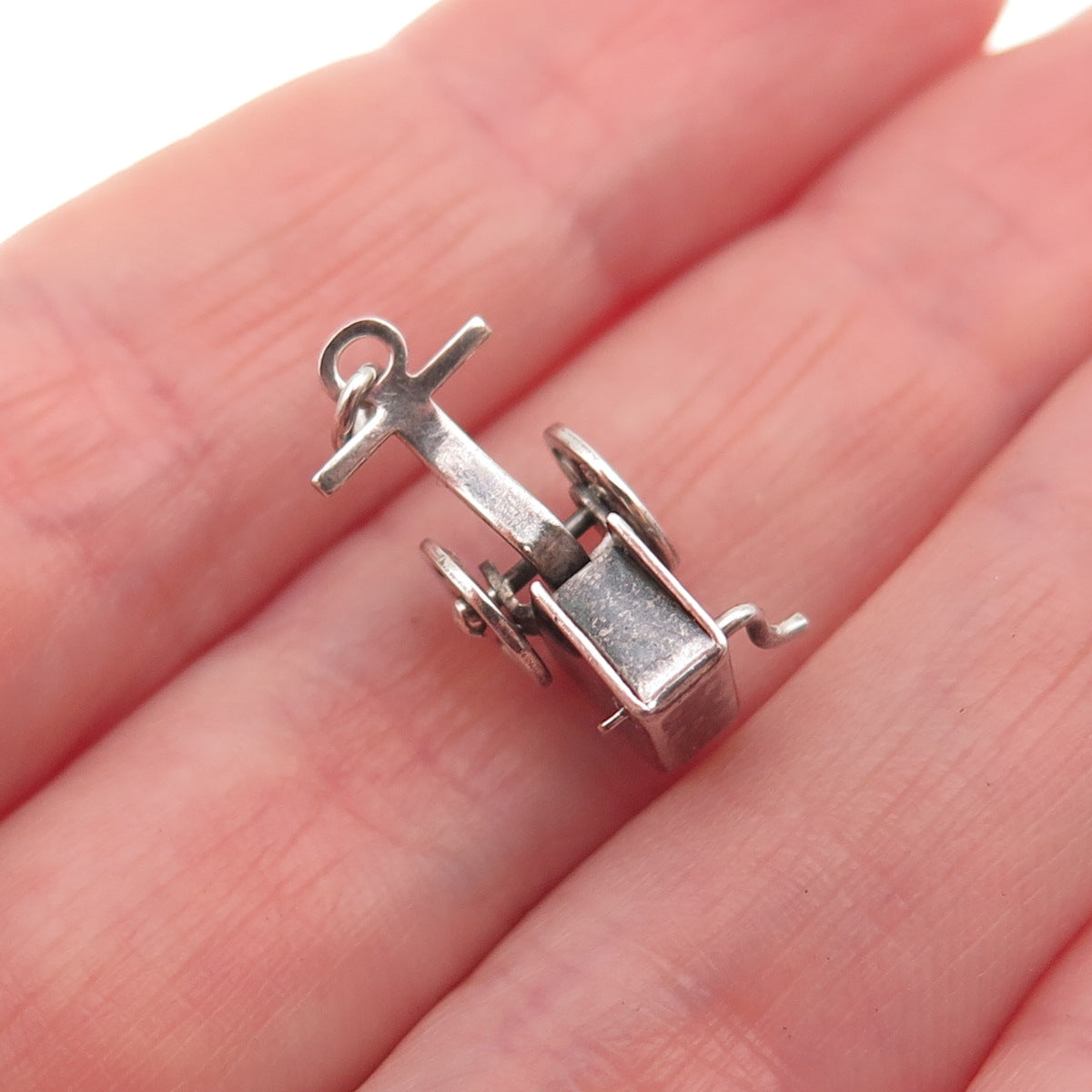 925 Sterling Silver Antique Art Deco Wheel Cart 3D Mini Charm Pendant