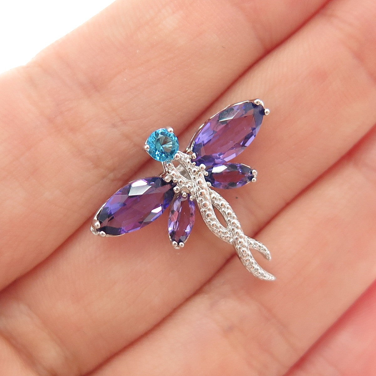 925 Sterling Silver Real Amethyst & Apatite Dragonfly Slide Charm Pendant