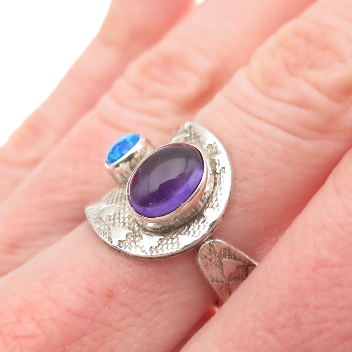 925 Sterling Vintage Real Amethyst & Opal Modernist Adjustable Ring Size 7.5