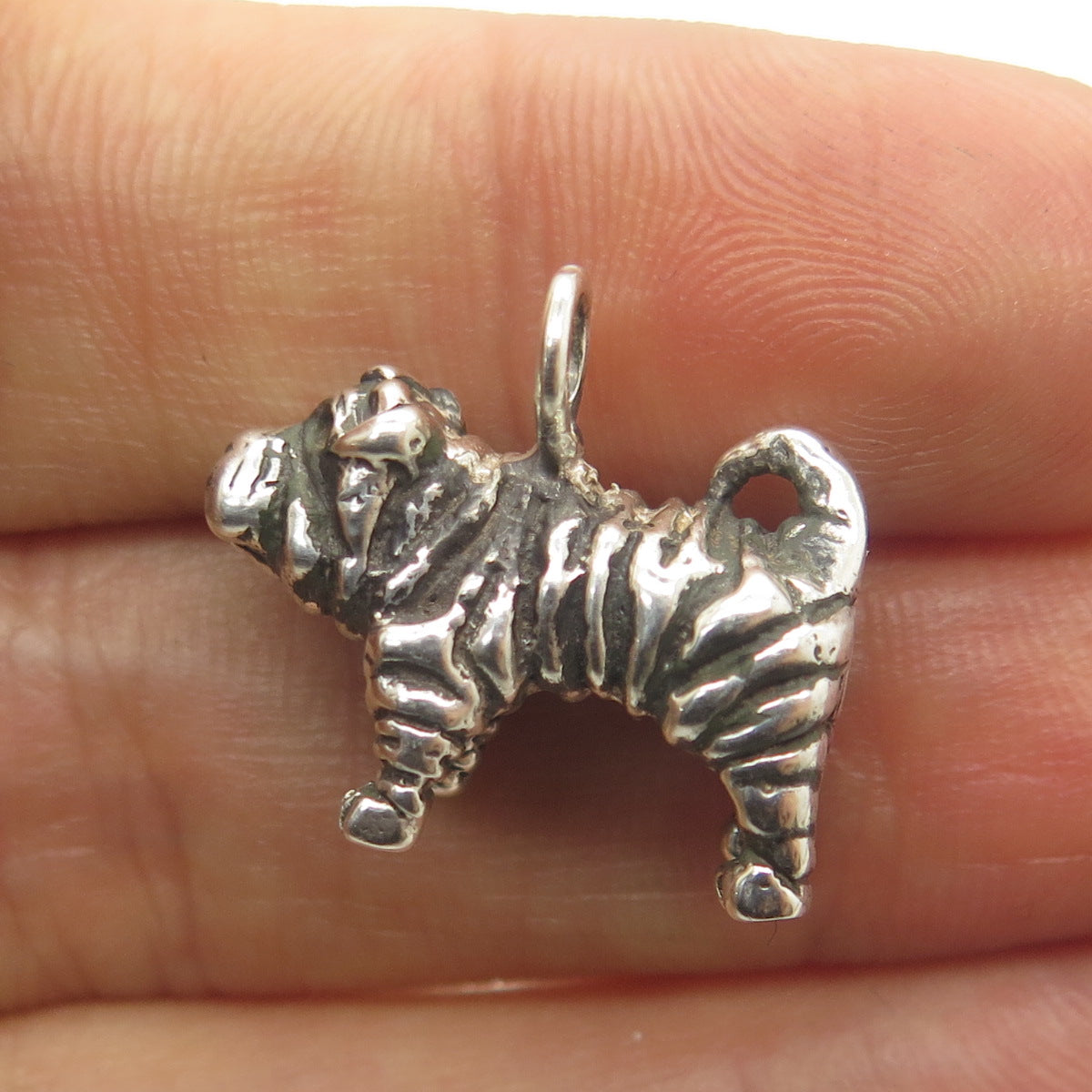 925 Sterling Silver Vintage Sharpei Dog Minimalist 3D Charm Pendant