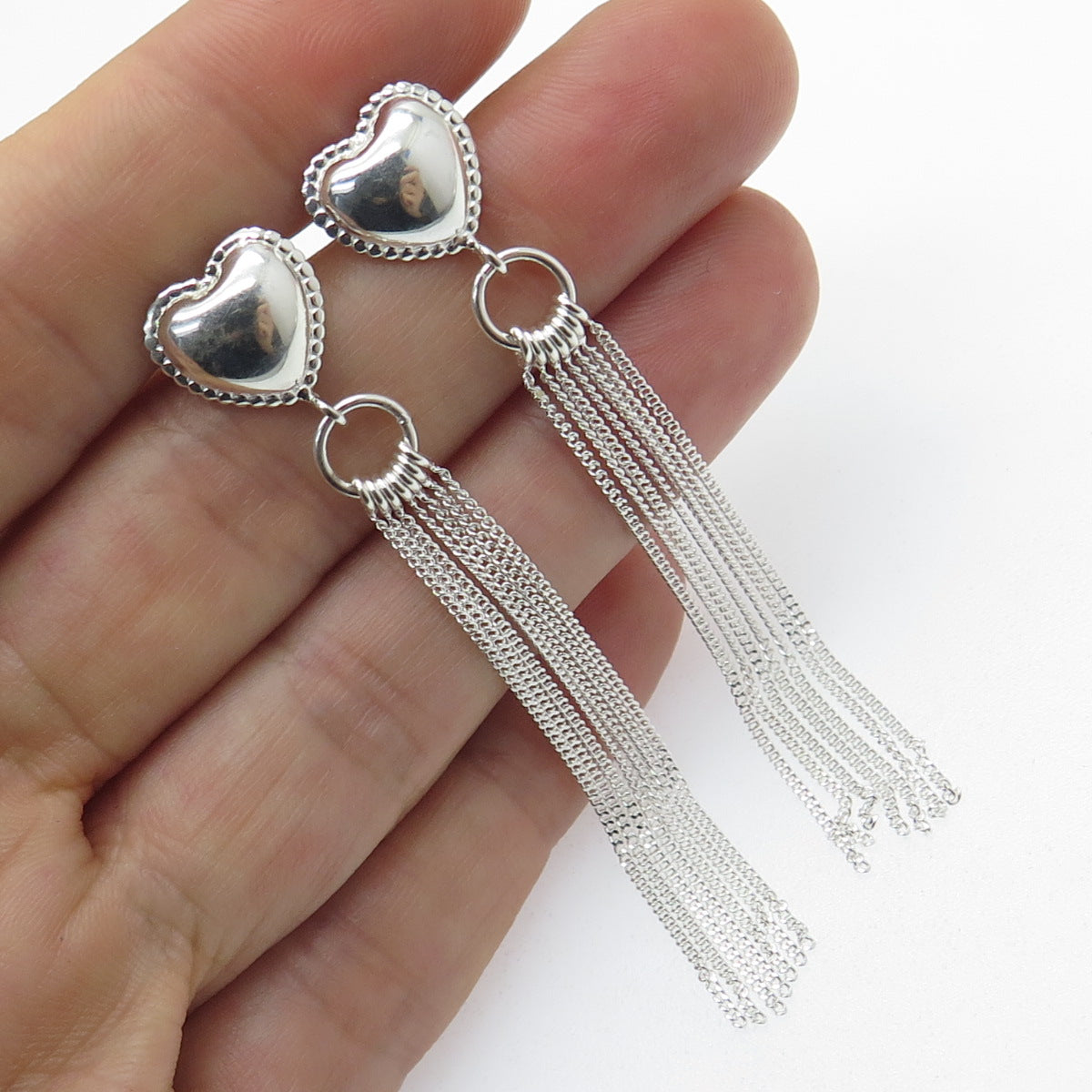 925 Sterling Silver Heart Tassel Chain Drop Earrings