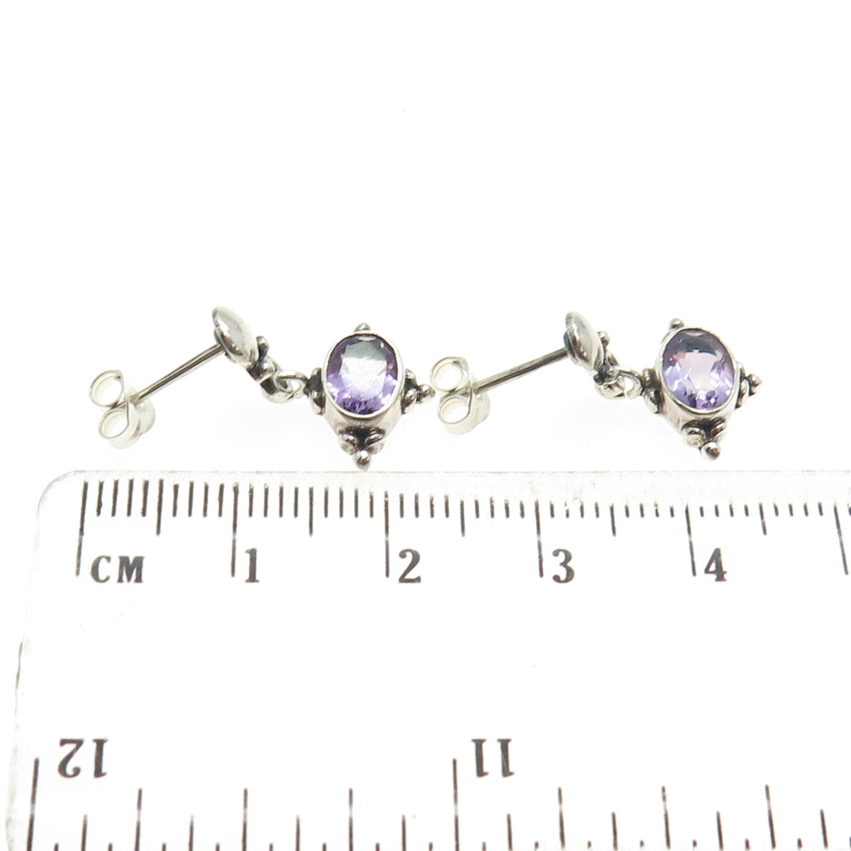 925 Sterling Silver Vintage Real Amethyst Granulated Oxidized Earrings